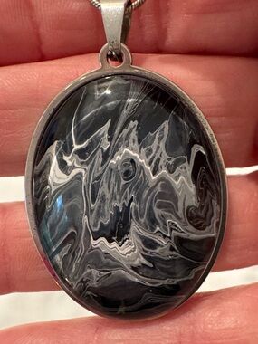 Black Swirl Oval Pendant Necklace - Classic Women's Jewelry